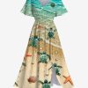 Matchable Couple Hawaiian Sea Beach Starfish Turtle Shell Print Shirt or Plus Size Midi Split A Line Dress