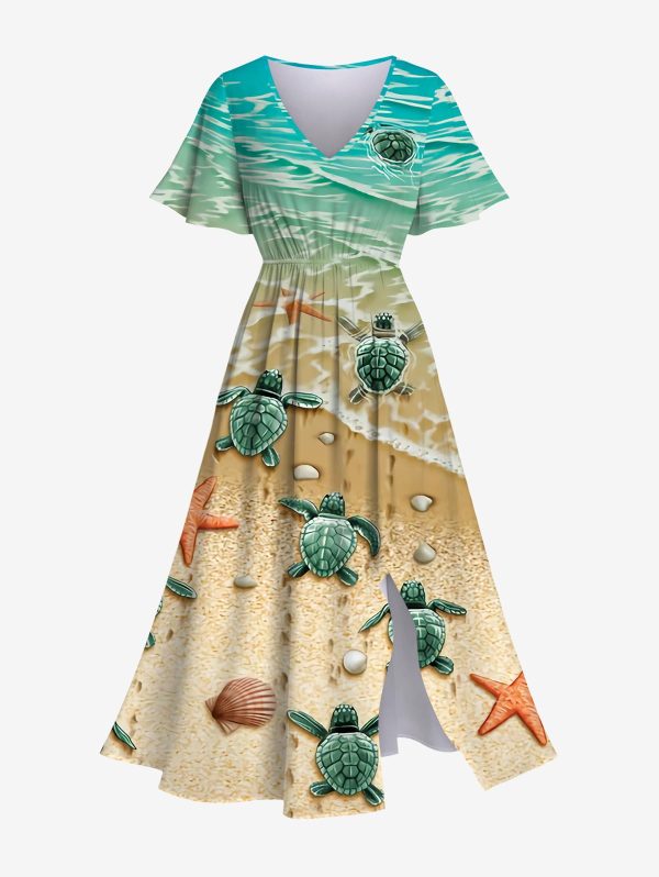 Matchable Couple Hawaiian Sea Beach Starfish Turtle Shell Print Shirt or Plus Size Midi Split A Line Dress