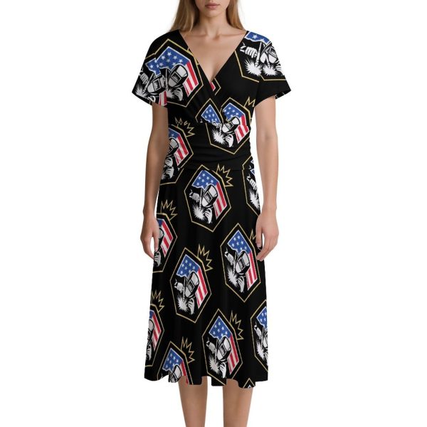 Welding U.S.A. Welder Flag Women's Midi Dress Short Sleeve Dresses V Neck Sundress Casual Summer