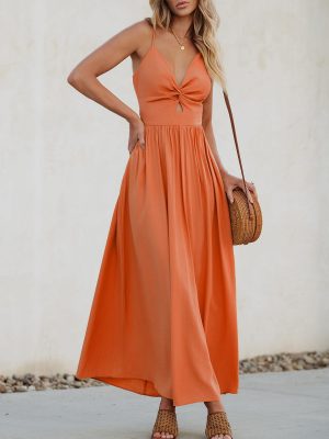Women Casual Dress Beach Sleeveless V Neck Summer Cutout Spaghetti Straps Formal Maxi Sun Dresses