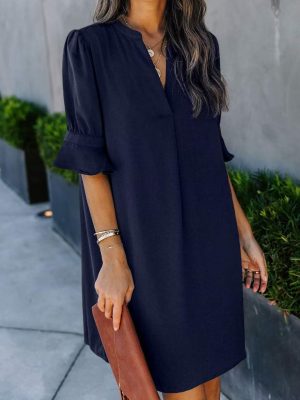 Shift Dress for Women V Neck Short Sleeves Solid Color Casual Flowy Summer Dresses(S-2XL)