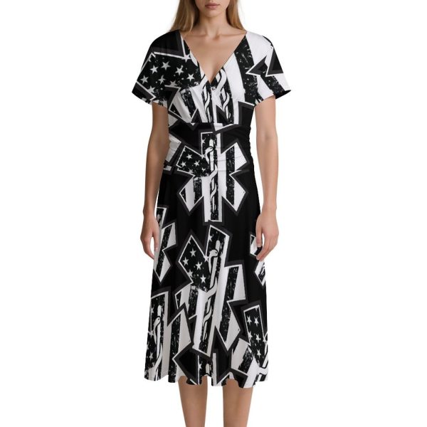U.S.A. Flag with EMS Star of Life Women's Midi Dress Short Sleeve Dresses V Neck Sundress Casual Summer