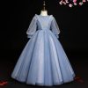 Spring and Summer Children's New Blue mid-Length-Sleeved Evening Dress,Girls' mesh Piano Princess Dress. (Blue Gray, xx_l)