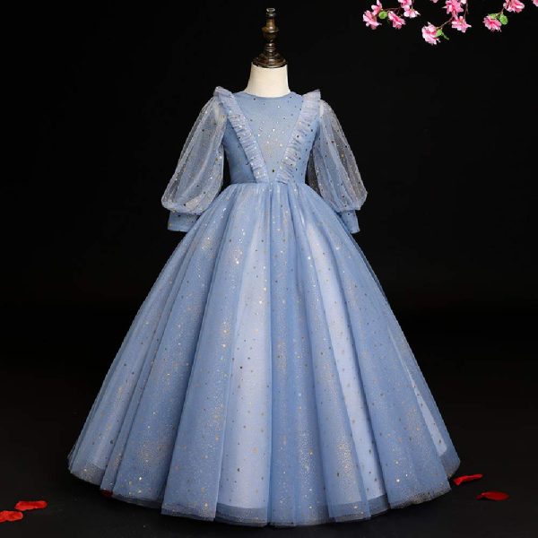 Spring and Summer Children's New Blue mid-Length-Sleeved Evening Dress,Girls' mesh Piano Princess Dress. (Blue Gray, xx_l)