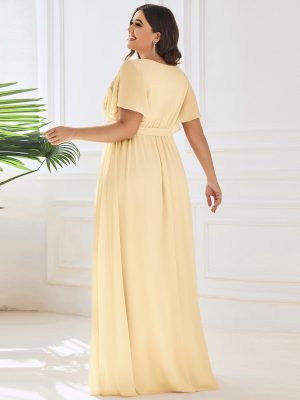 Women's Plus Size Chiffon A-Line Deep V-Neck Elastic Sash Waist Floor Length Formal Bridesmaid Dress