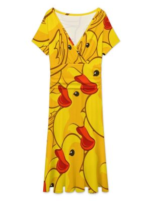 Rubber Yellow Duck Women's Midi Dress Short Sleeve Dresses V Neck Sundress Casual Summer