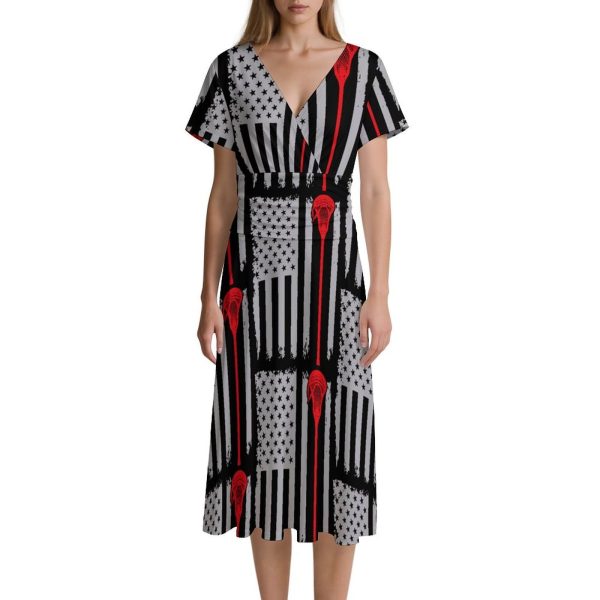 U.S.A. Flag Lacrosse Women's Midi Dress Short Sleeve Dresses V Neck Sundress Casual Summer