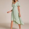 Women's Chiffon Formal Dresses V Neck Ruffle Sleeves Pleated High Low Summer Wedding Guest Dress