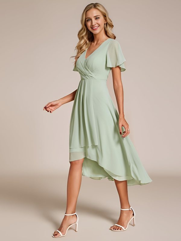 Women's Chiffon Formal Dresses V Neck Ruffle Sleeves Pleated High Low Summer Wedding Guest Dress