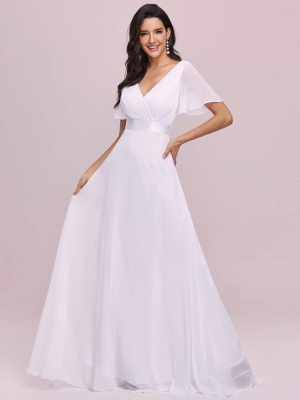 Women's Classic Chiffon Short Sleeve Pleated V-Neck Floor Length Bridesmaid Dresses 09890