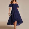 Women's Summer Cold Shoulder Hi-Lo Asymmetrical Hem Flowy Chiffon Short Wedding Guest Dress 02103