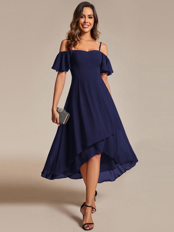 Women's Summer Cold Shoulder Hi-Lo Asymmetrical Hem Flowy Chiffon Short Wedding Guest Dress 02103