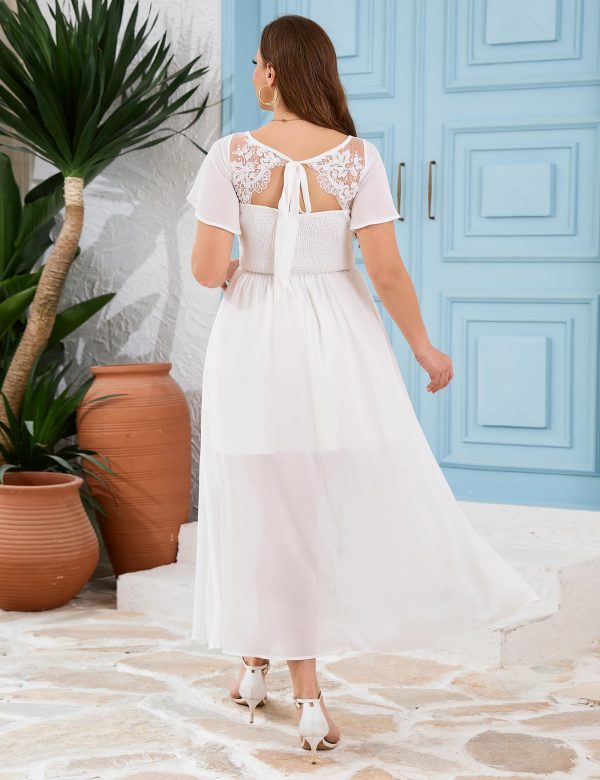 Women's Plus Size Lace Maxi Dress Short Sleeve V Neck Flowy Empire Waist Smocked Back Wedding Guest Dress