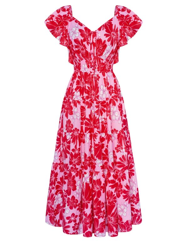 Womens 2025 Floral Summer V-Neck Ruffle Sleeve Empire Waist A-Line Casual Maxi Tiered Dress with Pockets