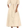 Women's Summer Midi Dress 2025 Casual Short Sleeve V Neck Buttons Belted Ruffle A Line Flowy Dress with Pockets
