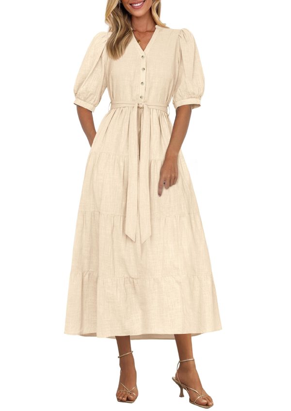 Women's Summer Midi Dress 2025 Casual Short Sleeve V Neck Buttons Belted Ruffle A Line Flowy Dress with Pockets