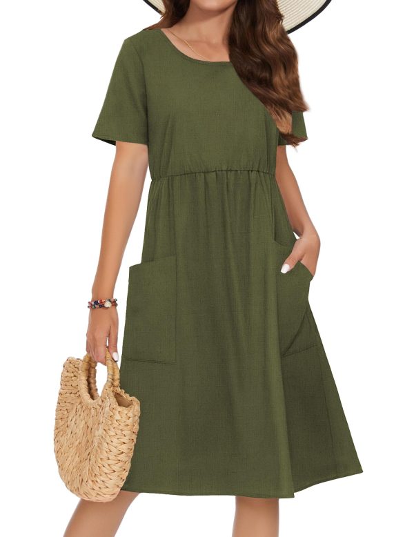 Womens Summer Midi Dress Casual Short Sleeve A-Line Cotton Linen Dress Flowly Beach Tunic Sundresses with Pockets 2025