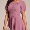 Women's Chiffon Crew Neck Pleated Waist Short Sleeve Wedding Guest Dress 02053