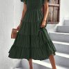 Women's 2025 Summer Casual Midi Dress Puffy Short Sleeve Square Neck Smocked Tiered Ruffle Dresses