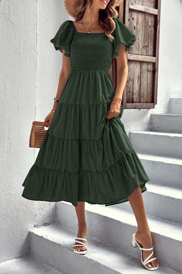 Women's 2025 Summer Casual Midi Dress Puffy Short Sleeve Square Neck Smocked Tiered Ruffle Dresses