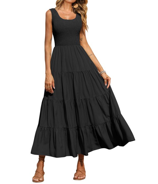 Women's 2025 Casual Loose Plain Maxi Sundress Smocked Tank Dress Sleeveless Summer Beach Tiered Long Dresses