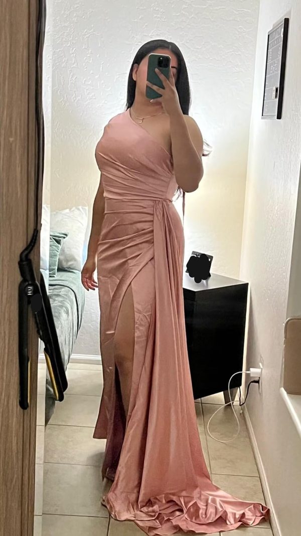 Women's One Shoulder Wrap Bridesmaid Dresses Long with Slit Pleats Satin Mermaid Formal Wedding Party Gowns YZTS083