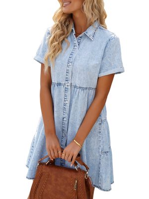 Women's Short Sleeve Button Down Flowy Tiered Babydoll Denim Dress