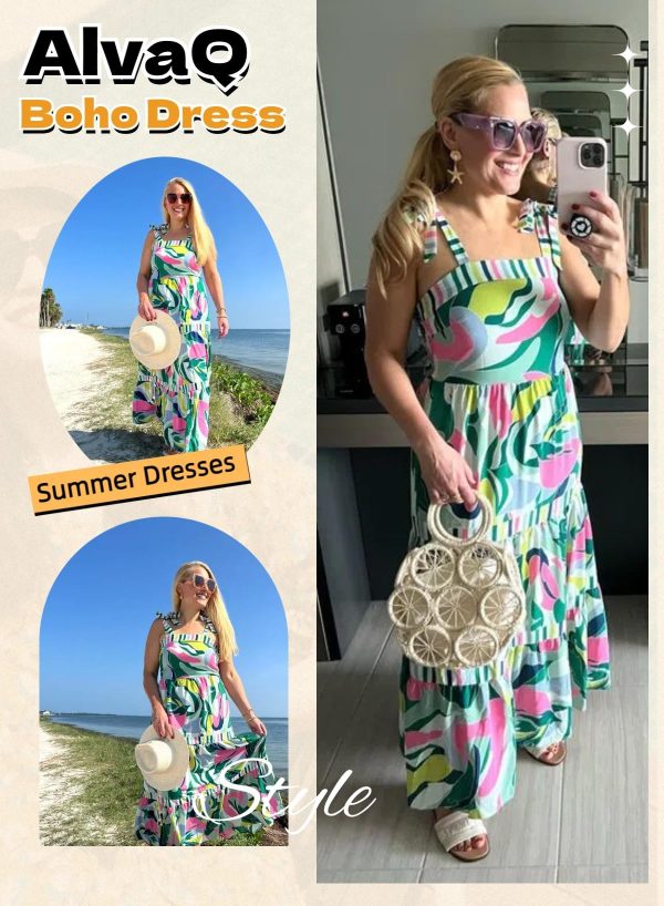 Women's 2025 Summer Sleeveless Floral Print Maxi Dress Strap Square Neck Beach Sun Dress