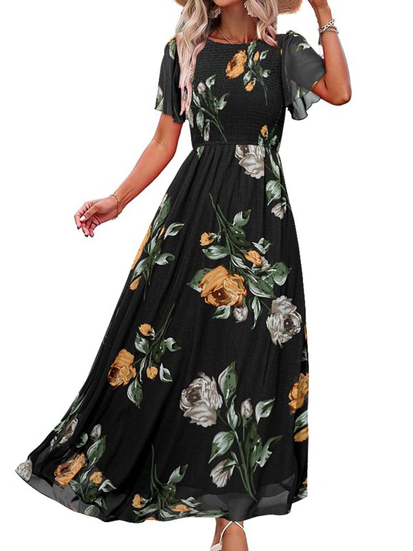 Simplee Womens Summer Floral Casual Maxi Dresses Flutter Short Sleeve Crew Neck Smocked Chiffon Boho Flowy Dress