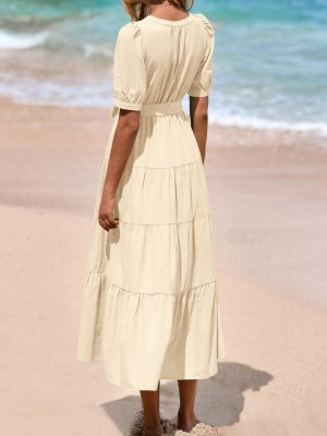 Women's Summer Midi Dress 2025 Casual Short Sleeve V Neck Buttons Belted Ruffle A Line Flowy Dress with Pockets