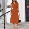 2025 Women's Notch Lapel Ruched Wrap V Neck Business Work Dress Sleeveless A Line Midi Dress