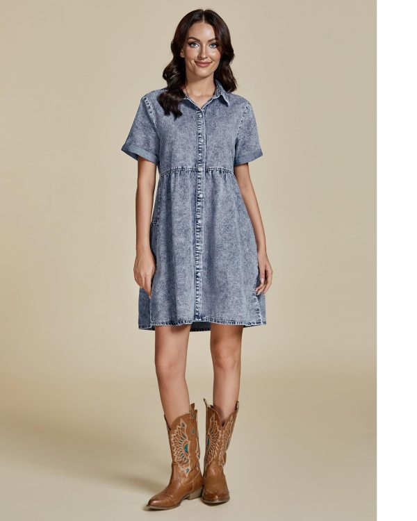 Denim Dress for Women Babydoll Tiered Short Sleeve Button Down Jean Shirt Dresses