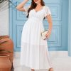 Women's Plus Size Lace Maxi Dress Short Sleeve V Neck Flowy Empire Waist Smocked Back Wedding Guest Dress