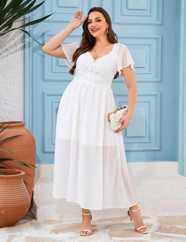 Women's Plus Size Lace Maxi Dress Short Sleeve V Neck Flowy Empire Waist Smocked Back Wedding Guest Dress