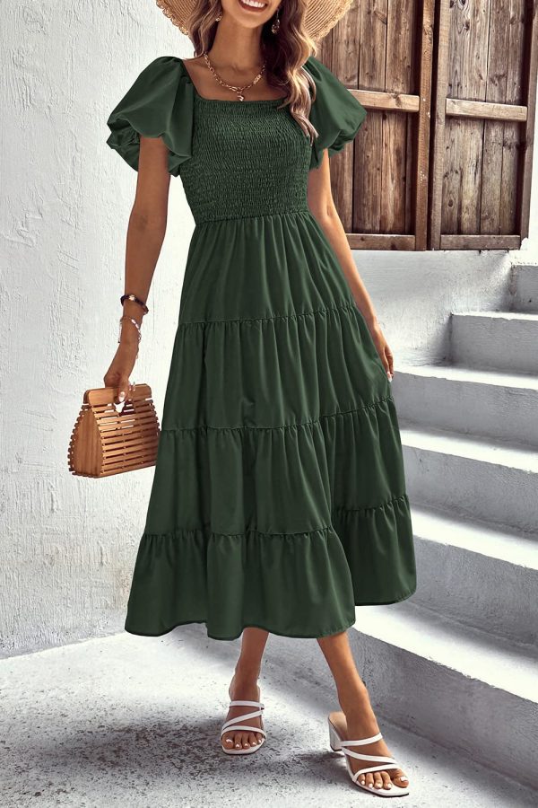 Women's 2025 Summer Casual Midi Dress Puffy Short Sleeve Square Neck Smocked Tiered Ruffle Dresses