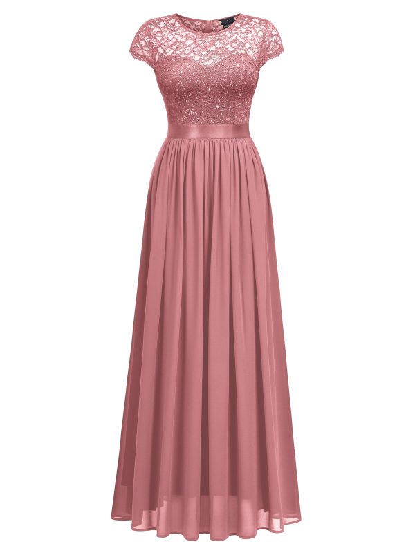 Women's Classy Scoop Neck Sequin Lace Contrast Bridesmaid Party Maxi Dress