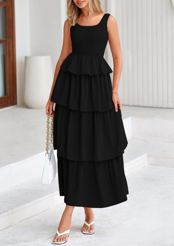 Womens 2025 Summer Sleeveless Midi Dress Scoop Neck A Line Smocked Ruffle Tiered Layered Beach Vacation Dresses