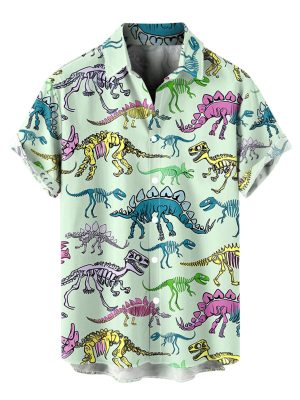 Couple Matching Hawaiian Outfits Cute Dinosaur Print Sleeveless Mini Dress or Men's Vocation Roll Up Sleeve Shirts