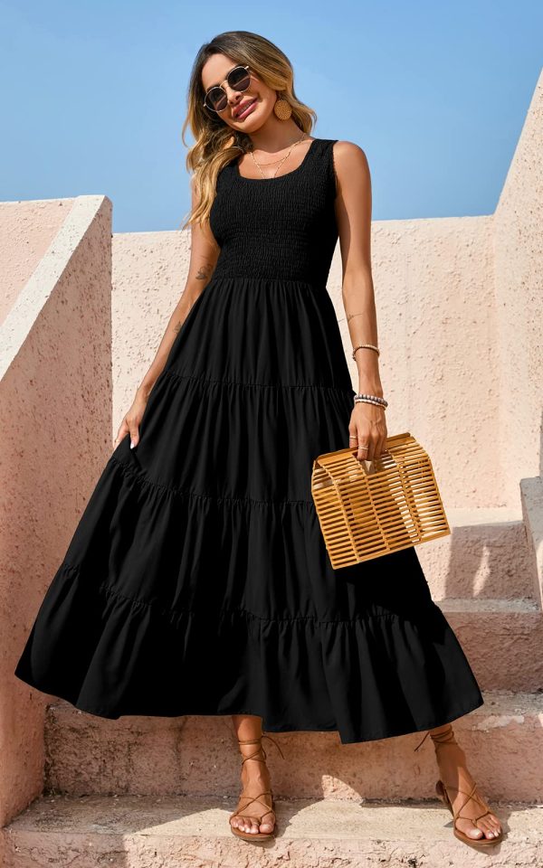 Women's 2025 Casual Loose Plain Maxi Sundress Smocked Tank Dress Sleeveless Summer Beach Tiered Long Dresses