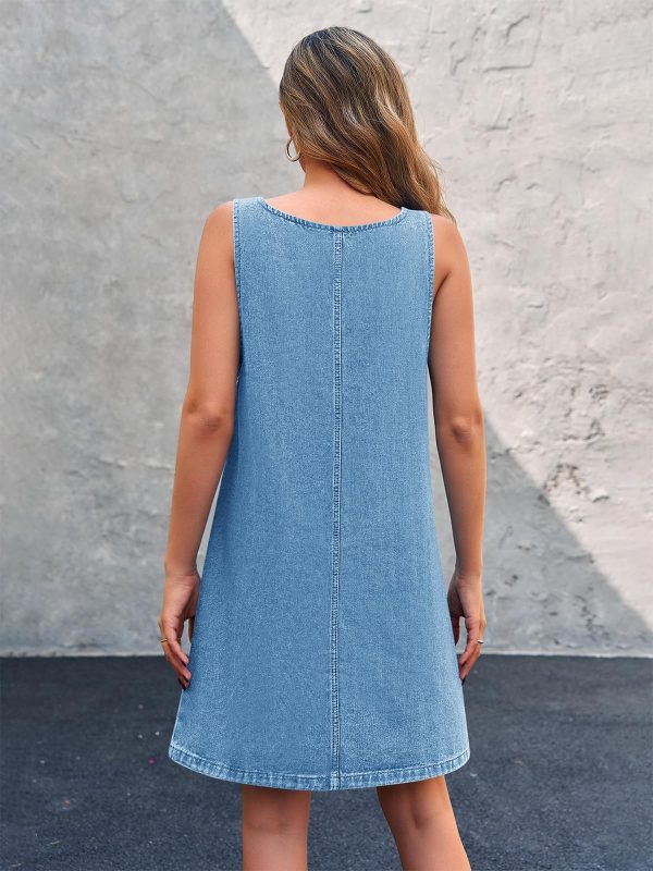 Women's Sleeveless Casual Denim Dress Crewneck Vintage Loose Jean Overall Dress with Pockets