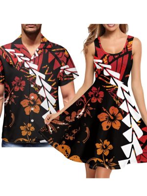 Men and Women Matching Outfits Polynesian Dress for Women Men's Button Down Short Sleeve Shirts
