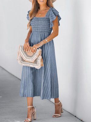 Women's Summer Dress Square Neck Striped Smocked Dress Ruffled Cap Sleeves Dress A Line Maxi Formal Dress