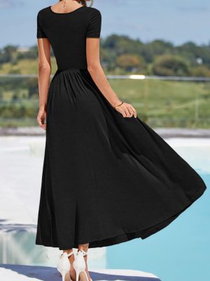 Women's Casual Dresses 2025 Summer Short Sleeve Ruched Patchwork A Line Pleated Swing Maxi Dress with Pockets