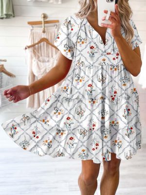 Womens Summer Casual Boho Floral Dresses V Neck Short Sleeve Sundresses Flowy Swing A-Line Mini Dress