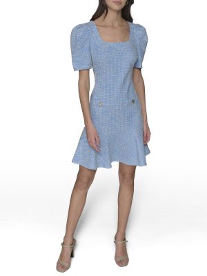 Women's Puff Sleeve Swaure Neck Flounce Tweed A-line Mini Dress