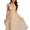 Women's A Line V Neck Open Back Sleeveless Ruched Sequin Knee Length Formal Dress 02106
