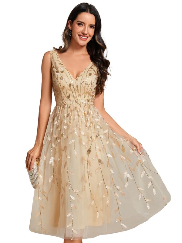 Women's A Line V Neck Open Back Sleeveless Ruched Sequin Knee Length Formal Dress 02106