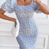 Women's 2025 Summer Floral Puff Sleeve Mini Dress Square Neck Ruffle Hem Bodycon Dresses Smocked Dress Women