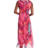 Women's Sleeveless Ruffle Detail Faux Wrap Tie Midi Dress