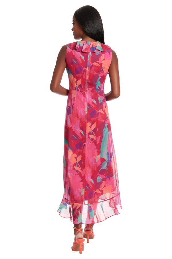 Women's Sleeveless Ruffle Detail Faux Wrap Tie Midi Dress